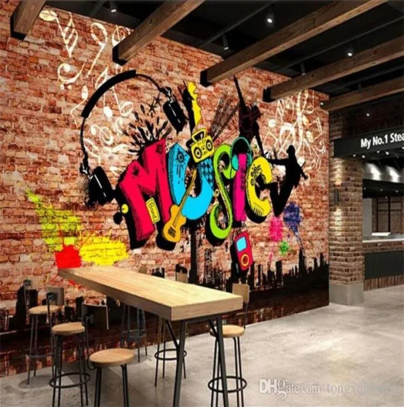 Anpassade 3D -väggmålningar Urban Music Art Graffiti Brick Wall Painting Wallpaper Home Decoration Living Room SOFA BAKGRUND Vägg Hem DECO3251448