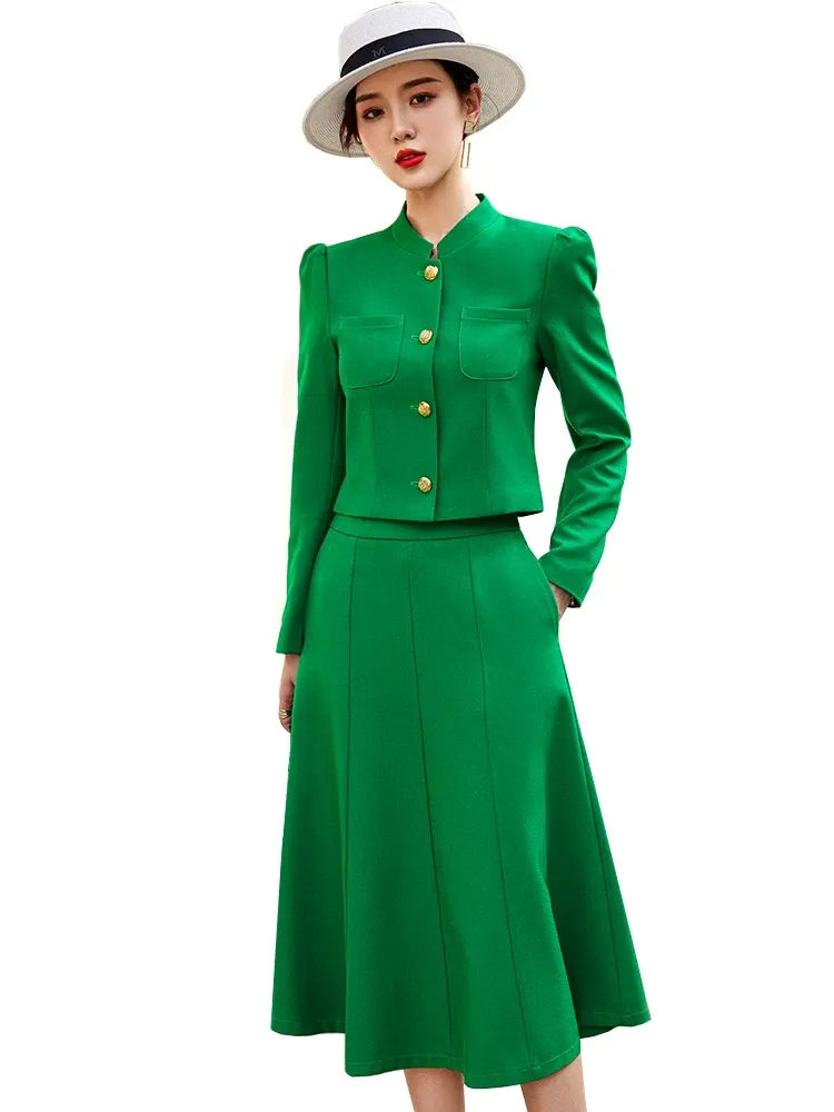 Элегантный весенне-осенний женский деловой костюм с юбкой, женский серый, красный, зеленый, черный комплект из двух предметов с длинными рукавами для рабочей одежды