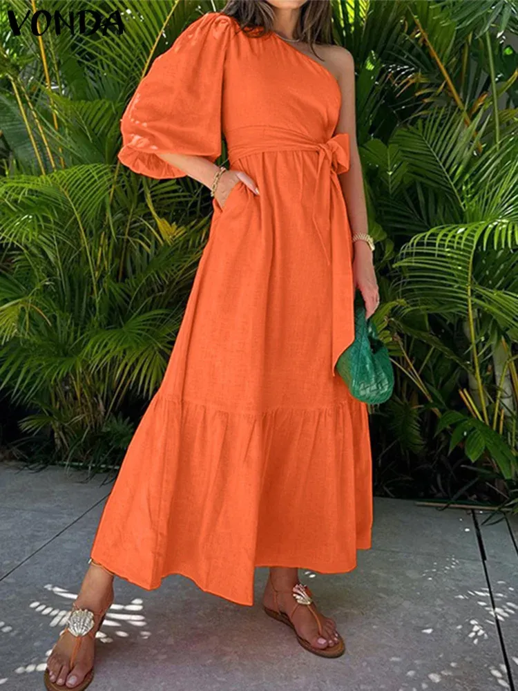Klänning Vonda 2023 Elegant Maxi Dress Summer Bohemian Women Solid One Shoulder Sundress Casual Bandage 3/4 Sleeve Ruffled Long Robe