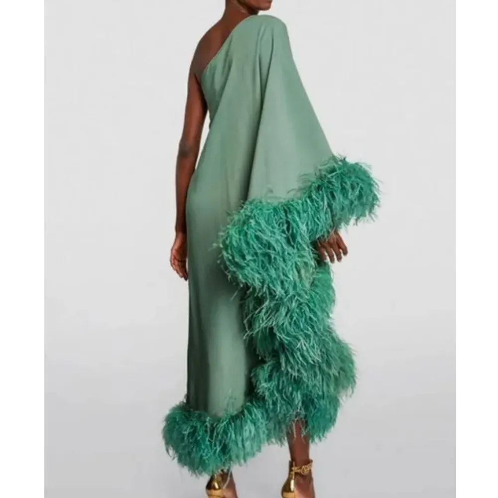 Dress Y2K Long Sleeve Large Swing Evening Dress Solid Color Feather Loose Evening Dress Women OneShoulder Fashion Dinner Dress