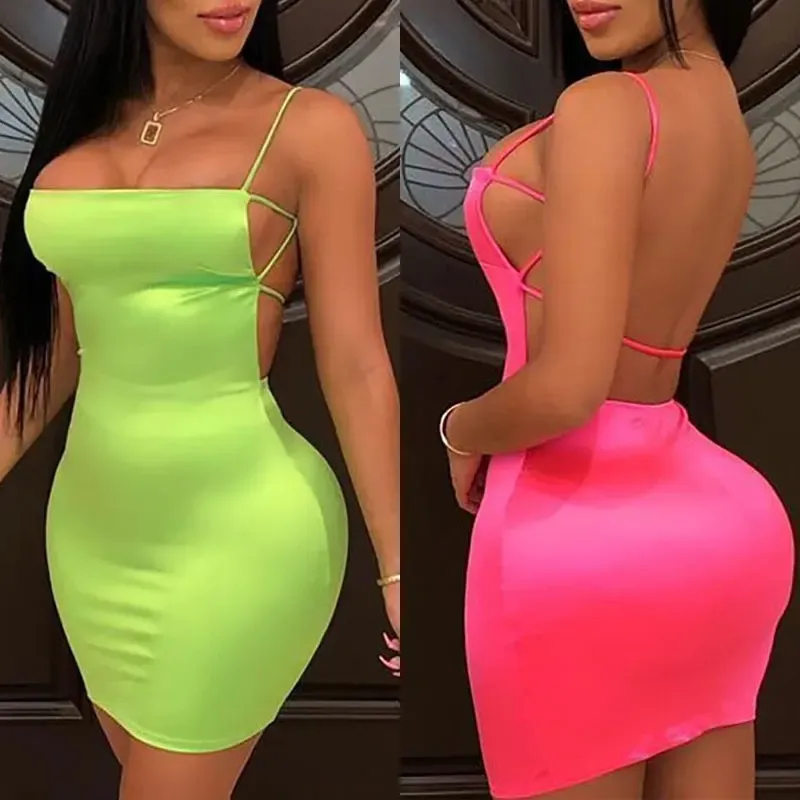 Dress OMSJ Summer Street Neon Green Pink Bodycon Mini Dresses Vestidos Sexy Package Hips Mini Womens Party Club Dress 2023 Mini Dress