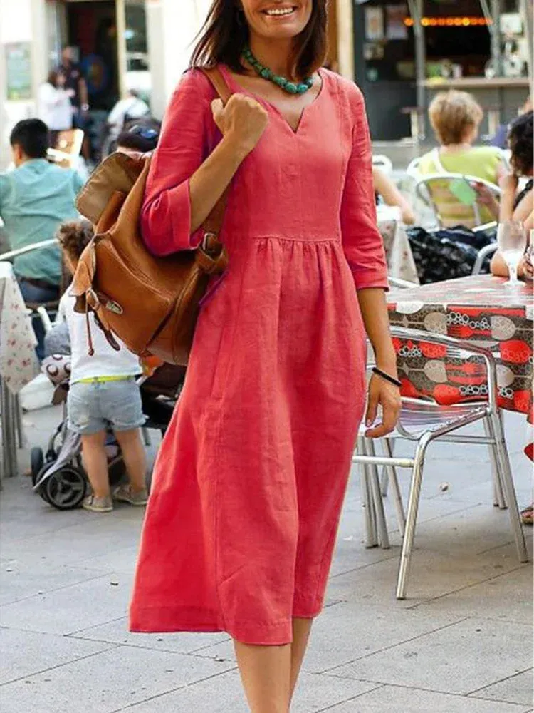 Abito moda scollo a V giallo cotone lino abito midi donna estate casual rosso elegante 5xl abiti da donna per donna Robe Femme