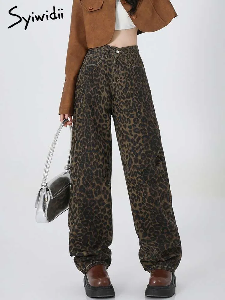 Syiwidii ​​Y2k Loose Leopard Print Women High midja Korean Style Denim Trousers Streetwear Baggy Retro Fashion Jeans