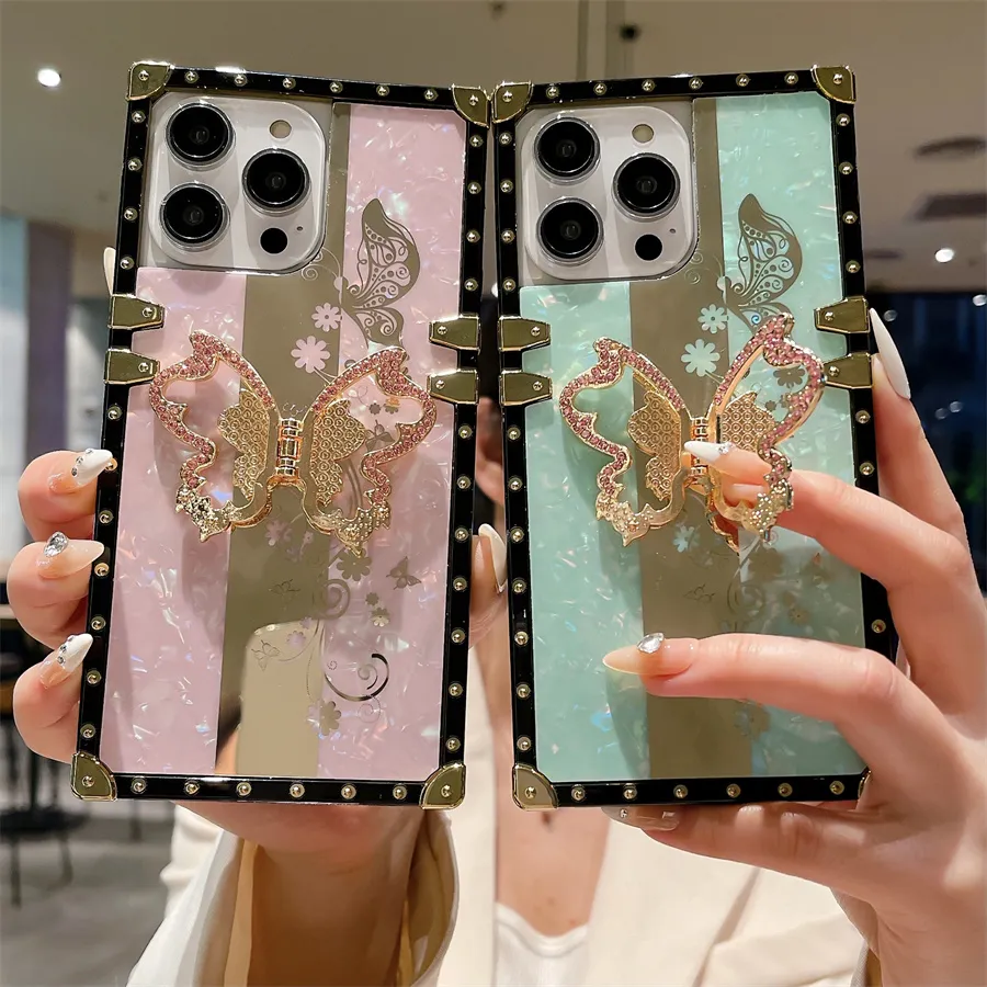 Luxury Butterfly Holder Phone Case For iPhone 15 Pro Max 14 Plus 13 12 11 XR 8 Samsung S24 Ultra S23 FE A15 A14 A13 A53 A54 A25 A35 A24 Trendy Brand Designer Square Cover