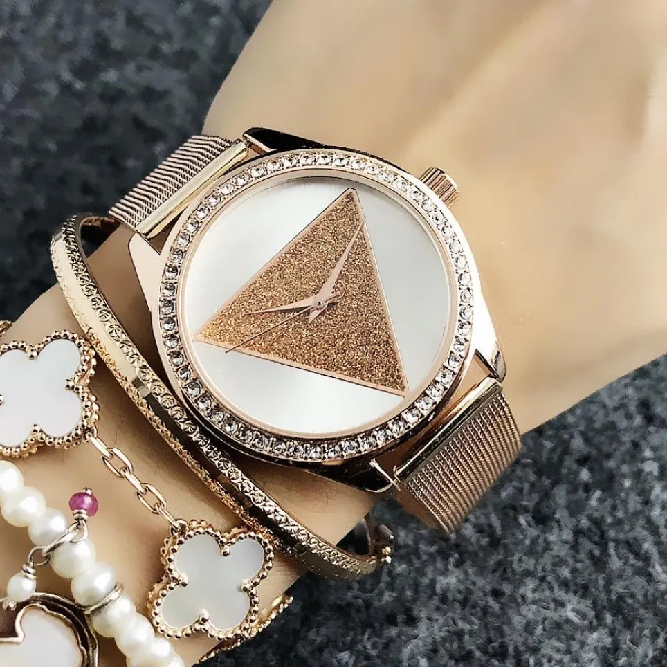 Marca relógio de pulso de quartzo para mulheres menina estilo cristal triangular dial metal banda aço relógios gs 22334v