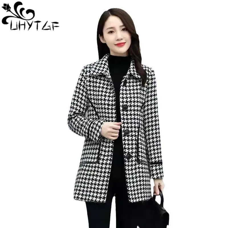 Blends Herbst Mantel Für Frauen 2023 Mode Plaid Frühling Wolle Jacke Weibliche MidLength Koreanische Casual Oberbekleidung Damen Große Größe Top 2718