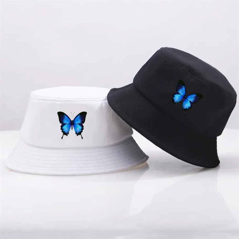 Blue Butterfly Harajuku Fisherman's Hats Sunshreen Casual Beach Sun Cape Outdoor Unisex Busket kapelusz Składany bawełniany panama caps256k