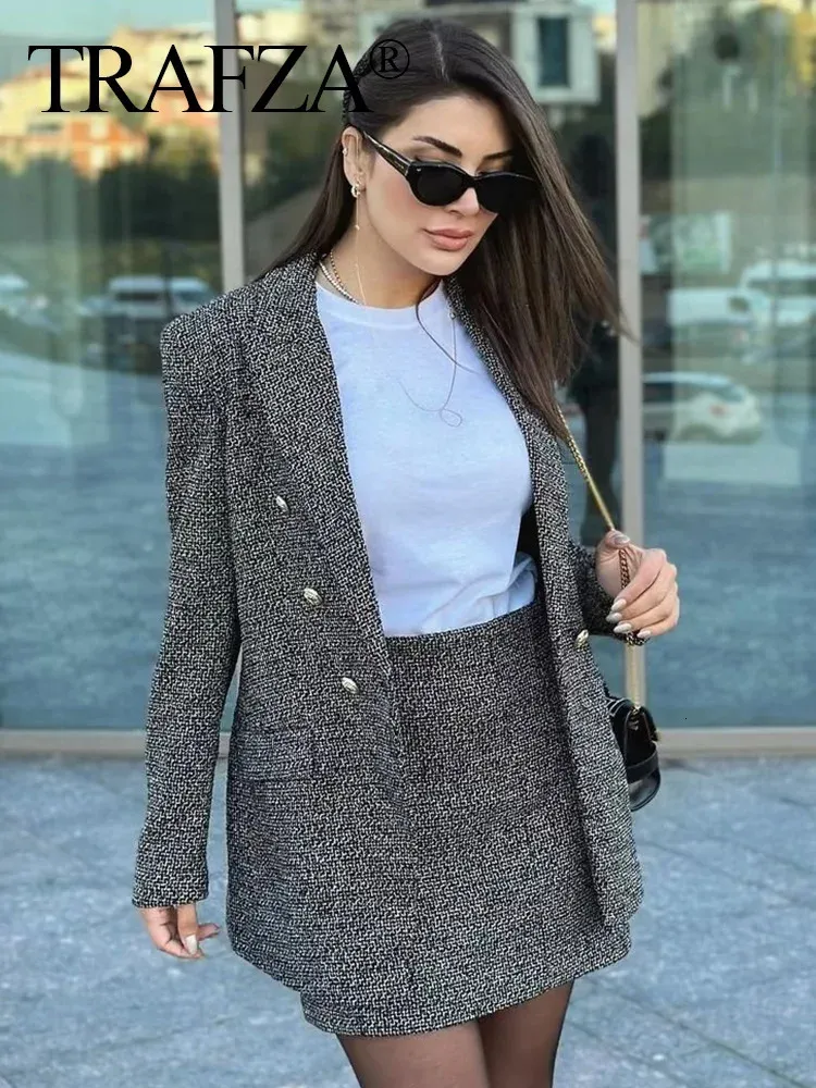 TRAFZA femmes Vintage laine à manches longues manteau Tweed motif Tweed jupe costume Blazer femme rabat poches vêtements d'extérieur Chic costumes 240220