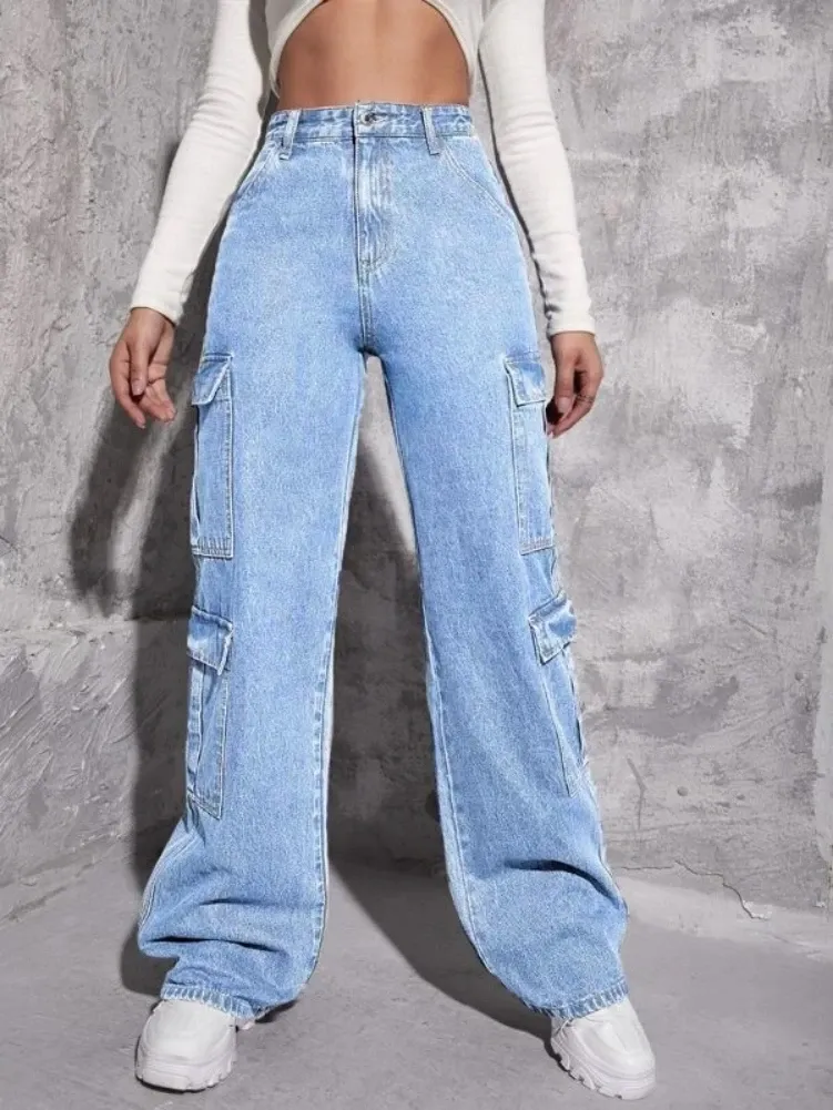 Jeans 2023 Meilleure Vente Y2K Style Jeans femme Mode Multi Poches En Denim Ample Pantalon Droit Décontracté Femme Cargo Jeans XSL