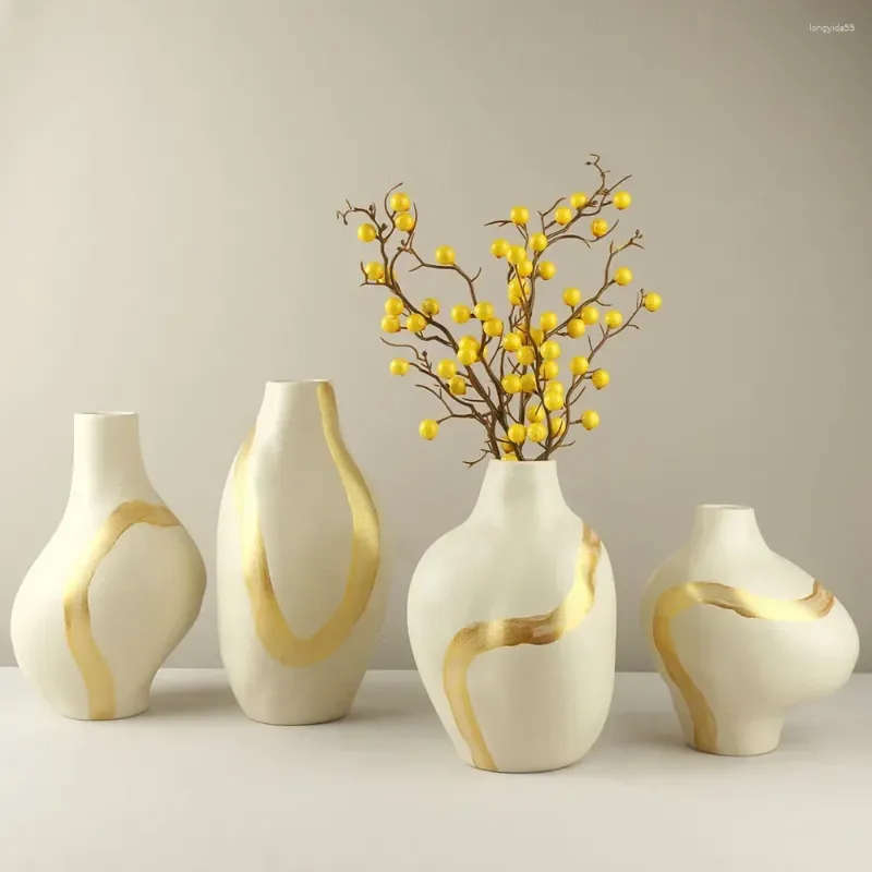 Vases Moderne Minimaliste Abstrait Corps Vase Décoratif En Céramique Hydroponique Fleur Réceptacle Jolie Jardinière Avec Une Ligne Dorée