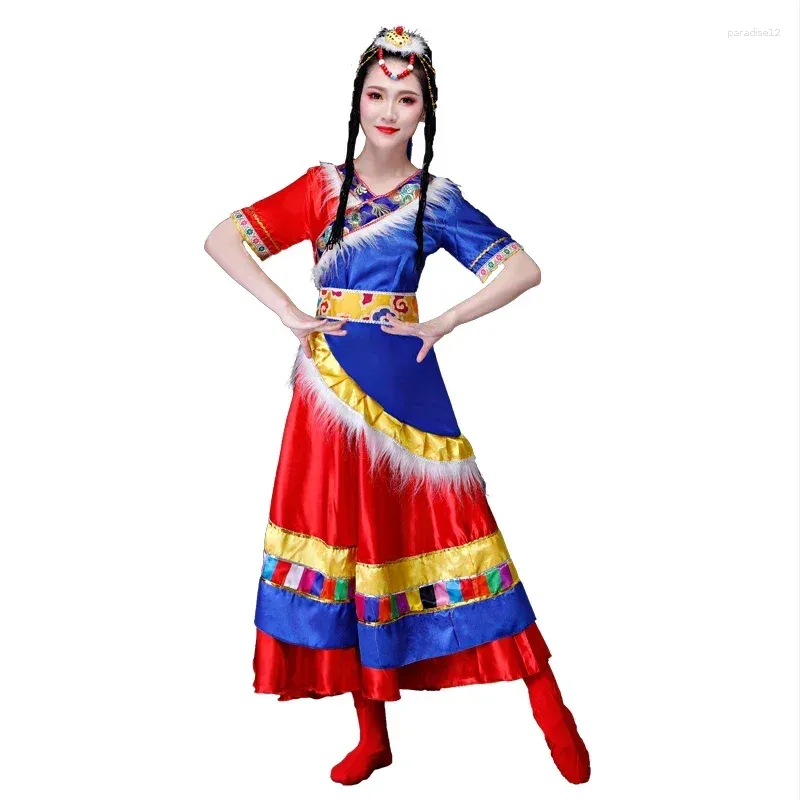 Zużycie sceniczne Wysokiej jakości taneczne wyniki taneczne tybetańskie kostiumy mniejszości etnicznej Xizang Zhuoma Square Suit