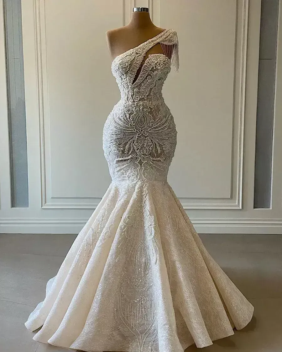 Grande taille arabe Aso Ebi luxueux dentelle perlée robe de mariée une épaule sirène robes de mariée robes de mariée Vintage