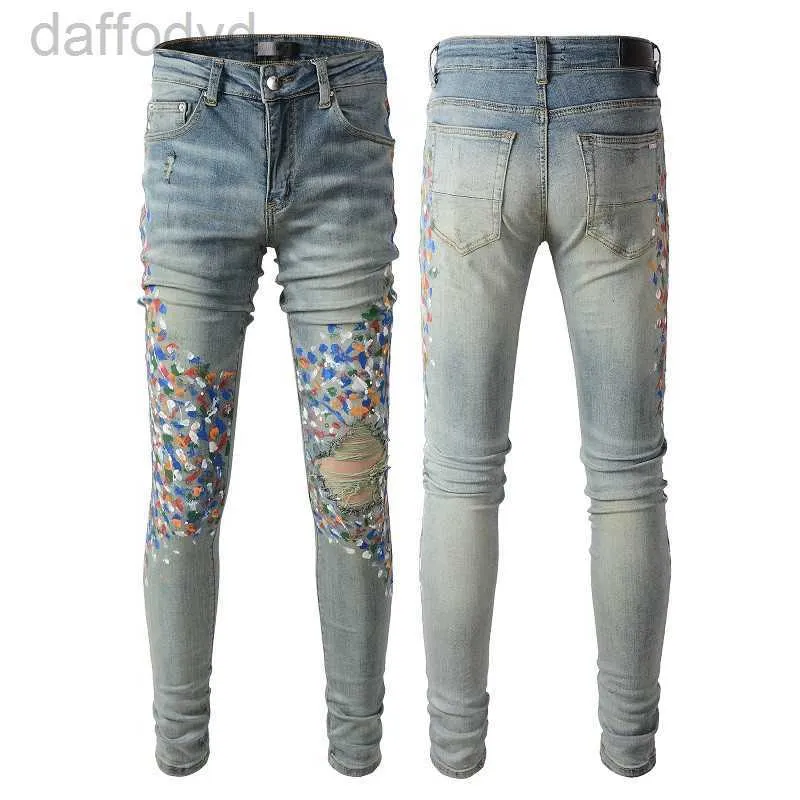 Jeans voor heren Heren Designer Skinny Rip Denim voor heren Slank Zwart Biker Paint Splatter Straight Hip Hop Stretch Distressed Motorcycle Patch Rock Fit met gat Broek 240305