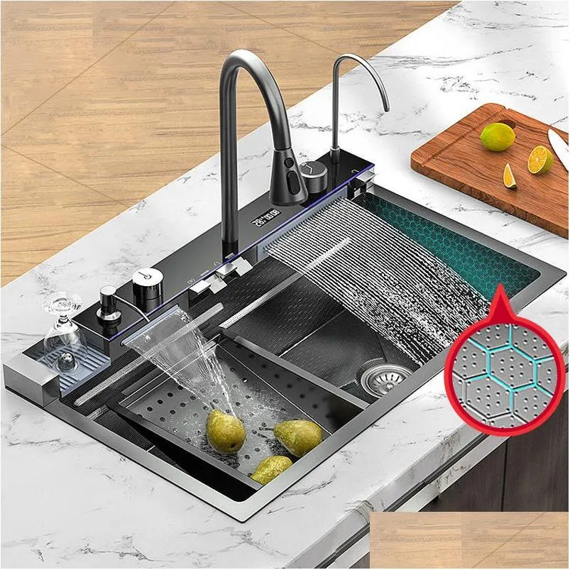 Kitchen Sinks Digital Display Waterfall Sink rostfritt stål Kök stort Enkel Modern Intelligent Mtifunctional Drop Delivery Home DHI2V