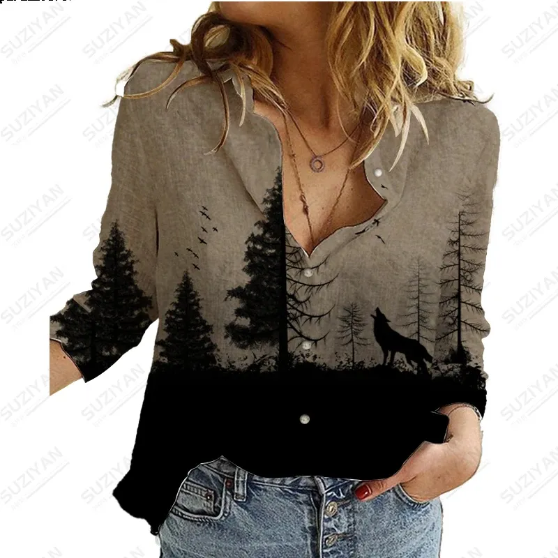 Shirt New Hot Selling Retro Simple 3D Printed Women's Long Sleeve Shirt Casual Black Elegant Button Cardigan Temperament Chiffon Shirt