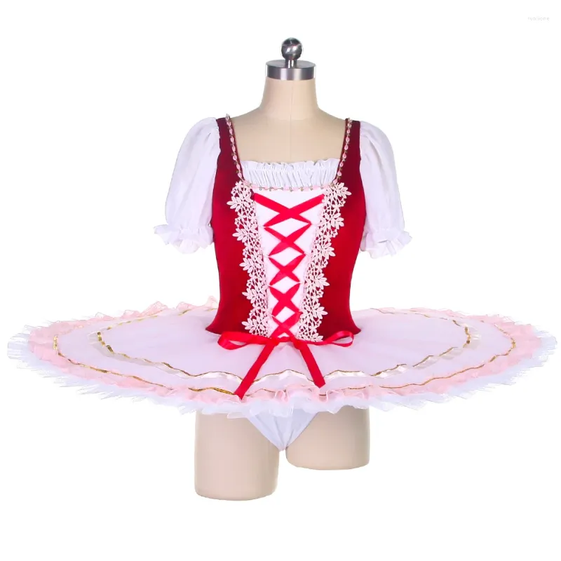 Stage Wear Corsage de velours rouge extensible avec jupe tutu en tulle plissé blanc enfants et adultes ballet pré-professionnel Danceutus BLL451