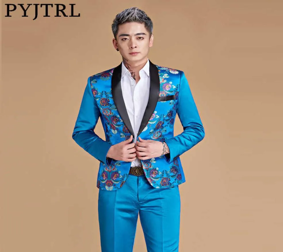 Pyjtrl Men Shawl Lapel Style Royal Blue Gold Red Dragon Print Suits最新のコートパンツデザインステージシンガーウェアコスチュームX095725583