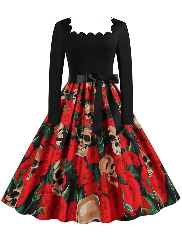 Klänning halloween kostymer för kvinnor fyrkantig krage lång ärm tryck vintage kvällsfest klänning elegant 50s 60s mantel midi sundress