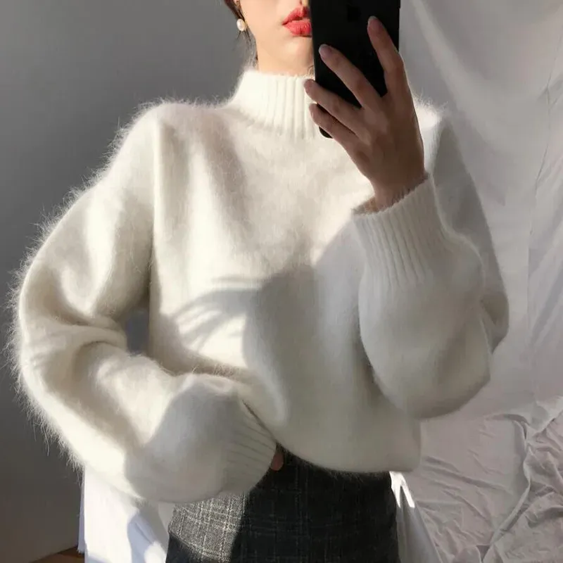 Pullovers White Furry Sweaters Women Knit Jumper Fluffy Rabbit Hair Pullovers Loose Soft Solid Sweater Female Cashmere Turtleneck Pullover