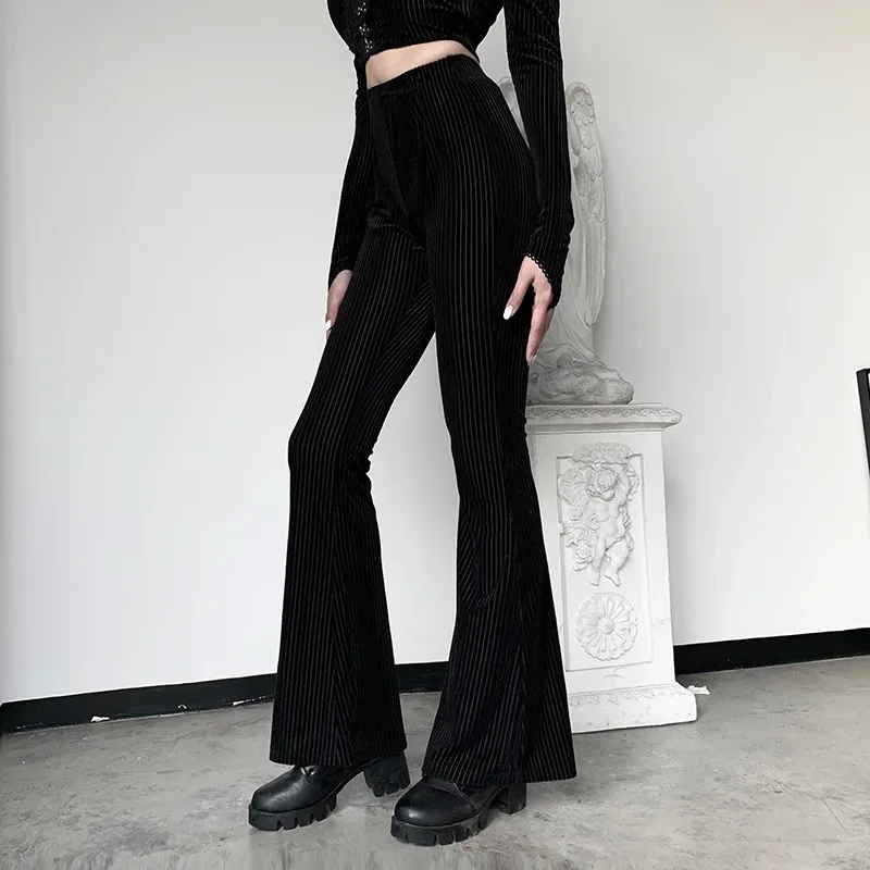 Capris 2023 primavera mulheres de cintura alta preto perna calças goth feminino veludo listra magro streetwear escuro gótico vintage elasticidade