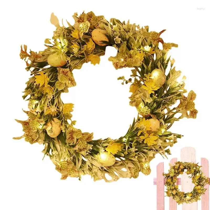 Decorative Flowers Artificial Easter Wreaths Spring Wreath With LED Lights Cute Decorations And Eggs For Front Door