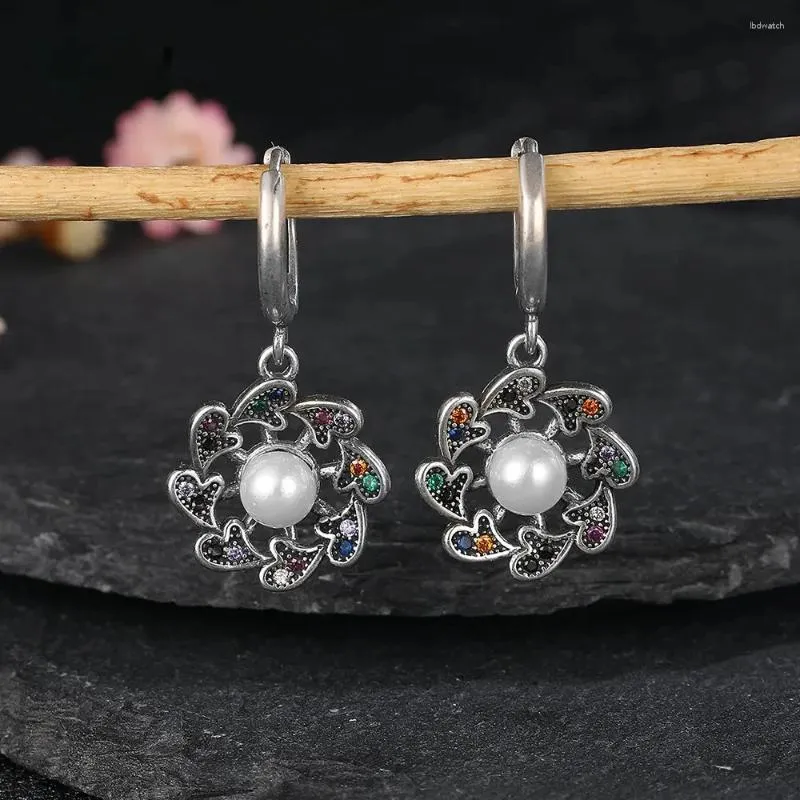 Dangle Earrings Vintage 925 Sterling Silver Pearl Luxury Flower Shaped Zircon Drop Earring Female Fine Jewelry Anniversary Party Gift