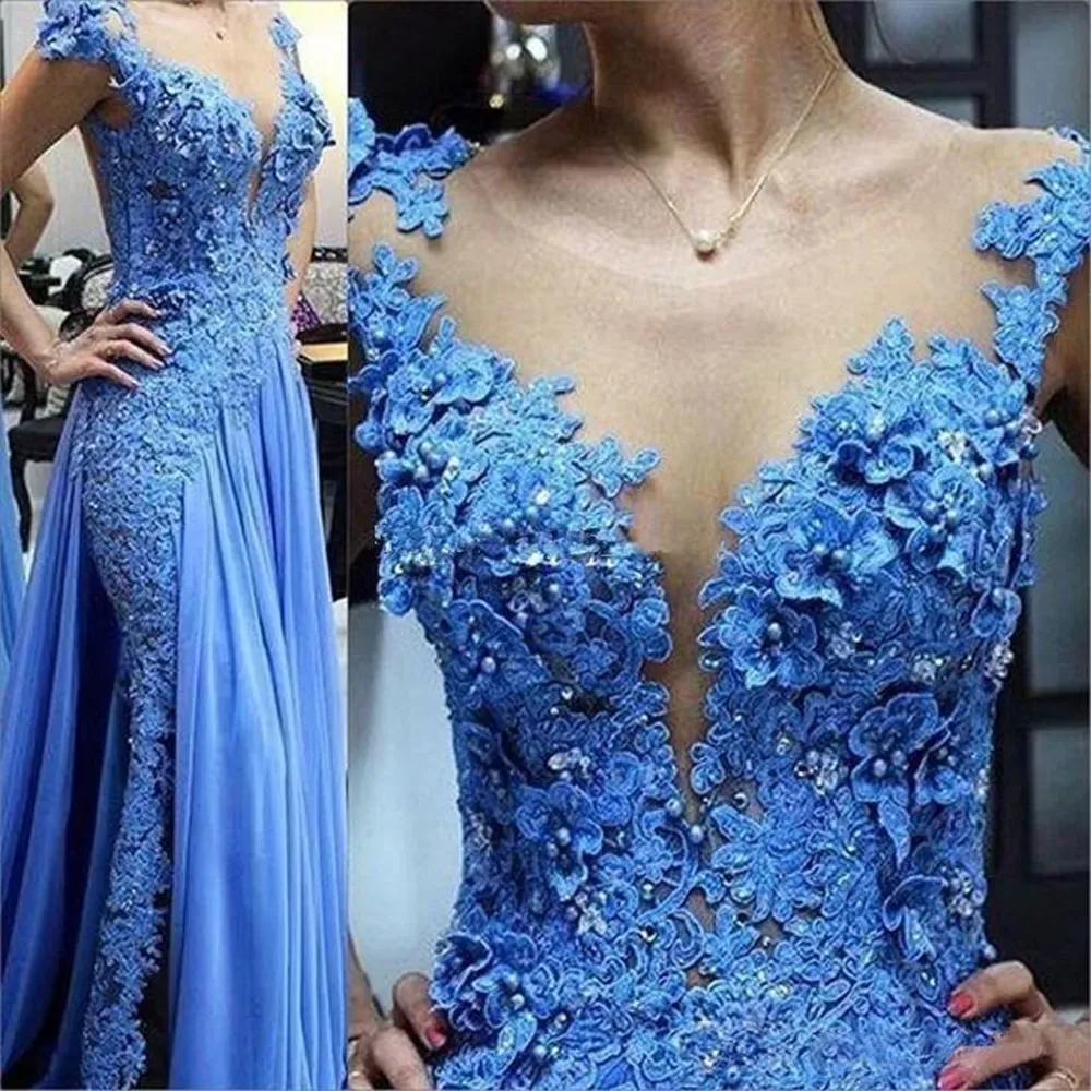 2024 Blue Lace Appliques Mother of the Bride Dresses Illusion Pearls Beading Formal Godmother Evening Wedding Party Guests Gown Plus