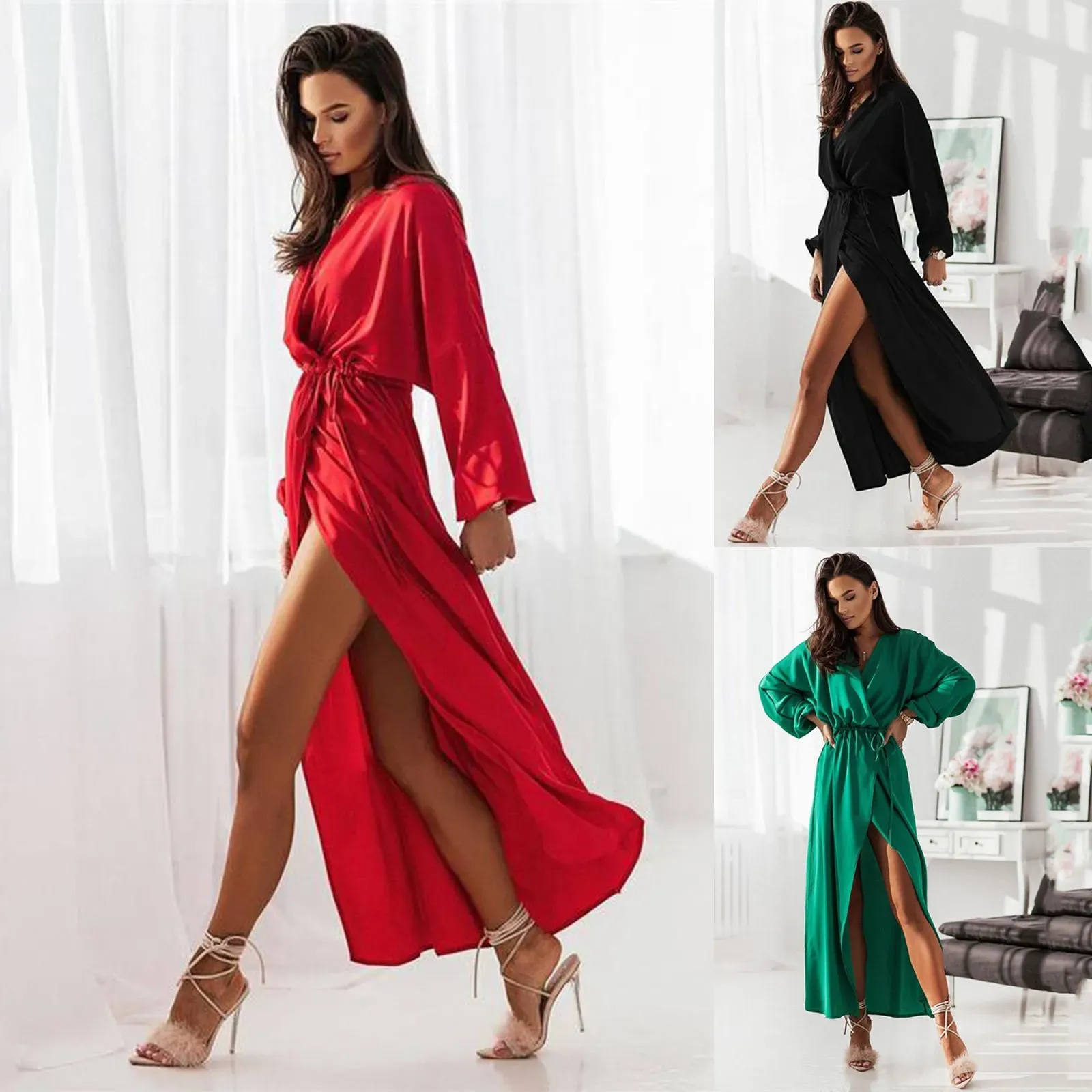 Klänning 2023 Spring Long Sleeve High Split Long Dress Women Fall Elegant Drawstring Party Dresses Solid Dresses for Wedding Guest