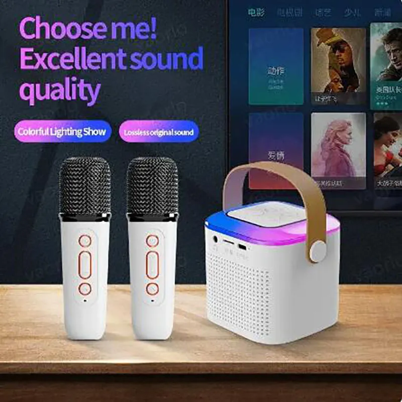 Trådlösa dubbla mikrofoner Karaoke Machine KTV DSP System Blue-Tooth 5.3 PA Högtalare Hifi Stereo Surround RGB Färgglad LED-ljus