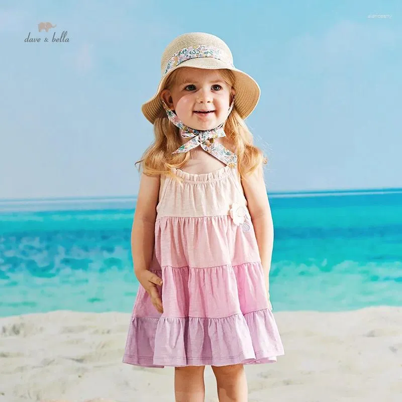 Robes de fille Dave Bella fille enfants bébé 2024 été pur coton ventiler antibactérien décontracté fronde robe en plein air plage DB2235627