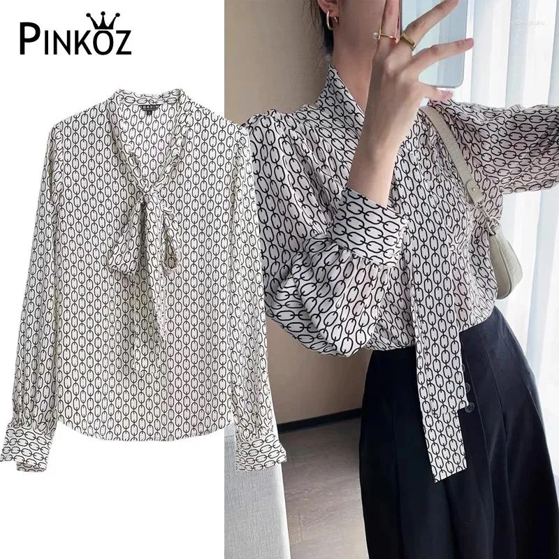 Damesblouses Pinkoz Office Lady Chain Gedrukt Strikkraag Designer Chiffon Blouse Dames Tops Lente Herfst Mode Femme Blusas Y Camisas