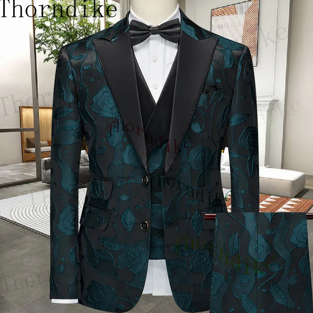 Suits Thorndike Fashion Lüks Desen Erkekler Düğün Takımları 2023 Yeni Beyler Smokin Tepeli Yakel Ceket Bir Düğme Yelek İnce Pantolon
