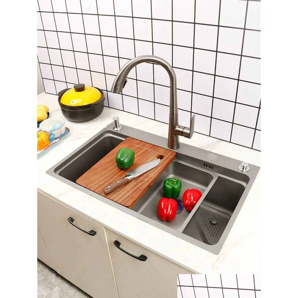 Kitchen Sinks Nano Kitchen Sink 304 Rostfritt stål Wash -basin Hushåll på höger sida Dränering Stor singel Slot Gray Fregadero de DHJ2J