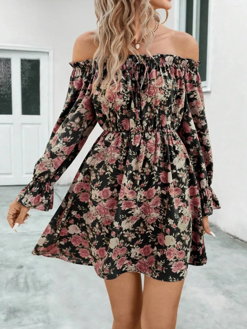 Casual Dresses Sexy Off Shoulder Slash Neck Dress Office Lady Spring Autumn Fashion Elegant Floral Print Ruffles For Women 2024 Female