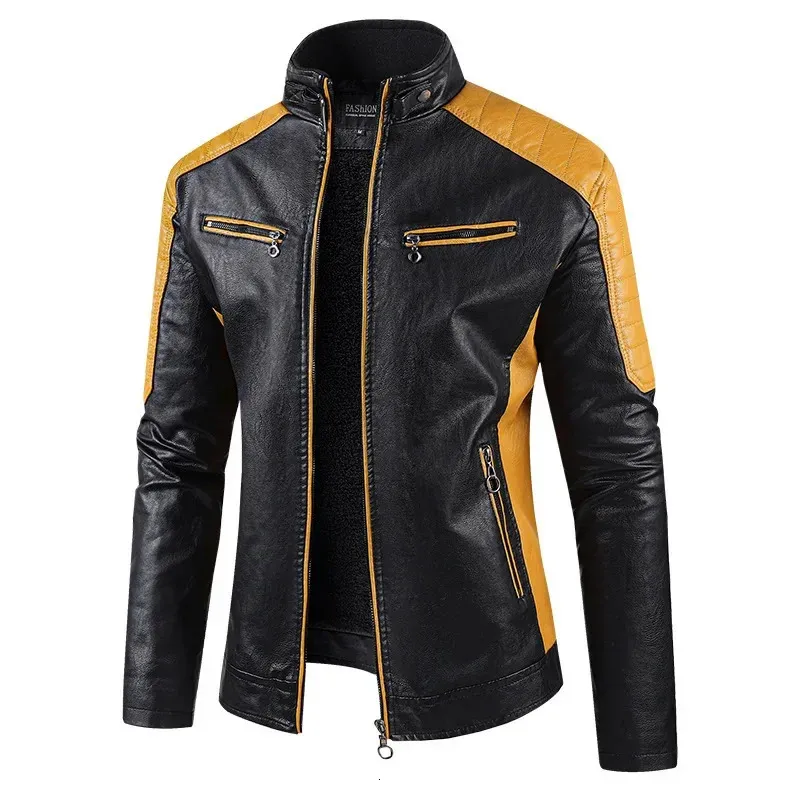 Colletto alla coreana da uomo Giacche in pelle da moto Giacche invernali in pile Cappotti in pelle PU slim fit Giacche casual moda maschile di alta qualità 240226