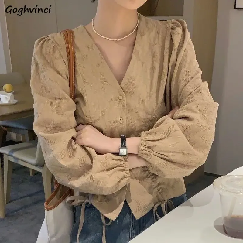 Shirt Designer Shirts Women Solid Bandage Vneck Temperament Fashion Teenagers Slouchy Retro Korean Style Females Daily High Quality