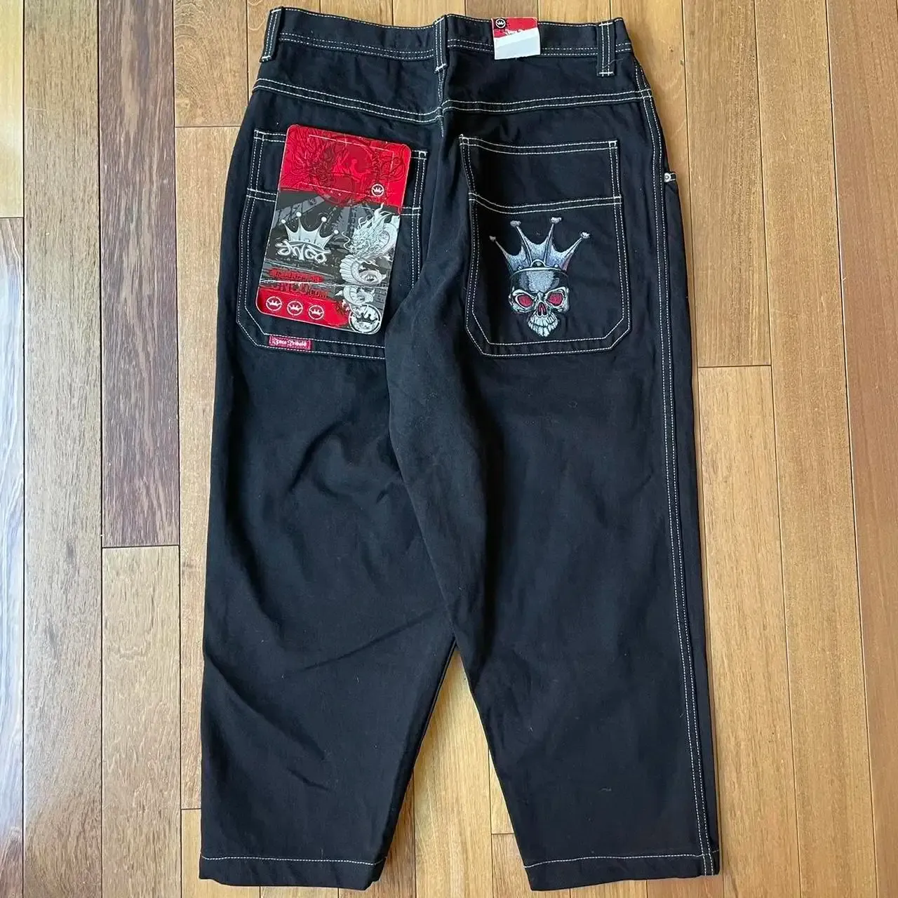 Jeans JNCO Streetwear porter de nouveaux jeans noir et blanc pour hommes fou Rare Vintage crâne broderie lâche vache Y2K Harajuku pantalon gothique