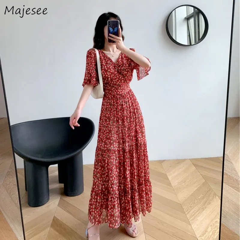 Abito Abito Donna Sexy scollo a V alla caviglia Rosso floreale Elegante manica svasata in chiffon Abbigliamento Vacanza Ruffles Addome Lady Trendy Retro