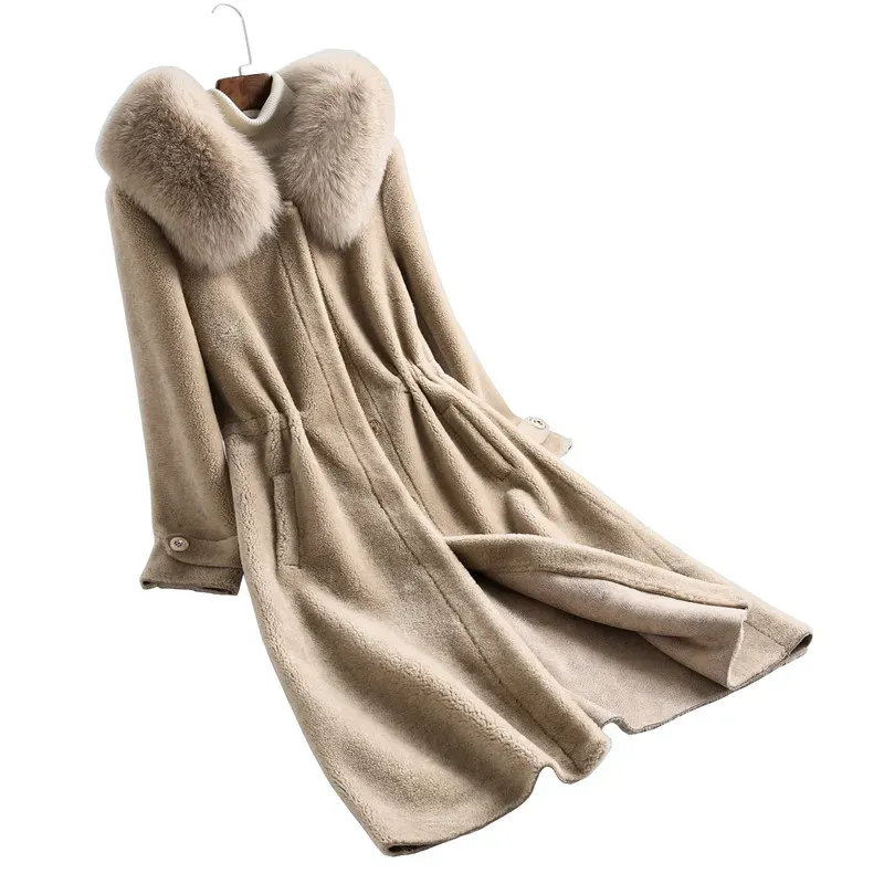 Женская новая зимняя длинная одежда из натурального меха, пальто с мехом из натуральной овечьей шерсти, куртка с воротником из натурального лисьего меха, Прямая поставка, sr715