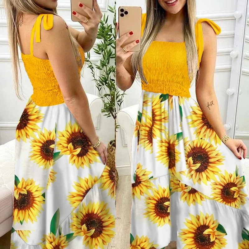 Dress Fashion Women's Sleeveless Casual Tube Top Strap Sling Sunflower Leaves Floral Print Irregular Dress Robe Big Swing Summer Dress