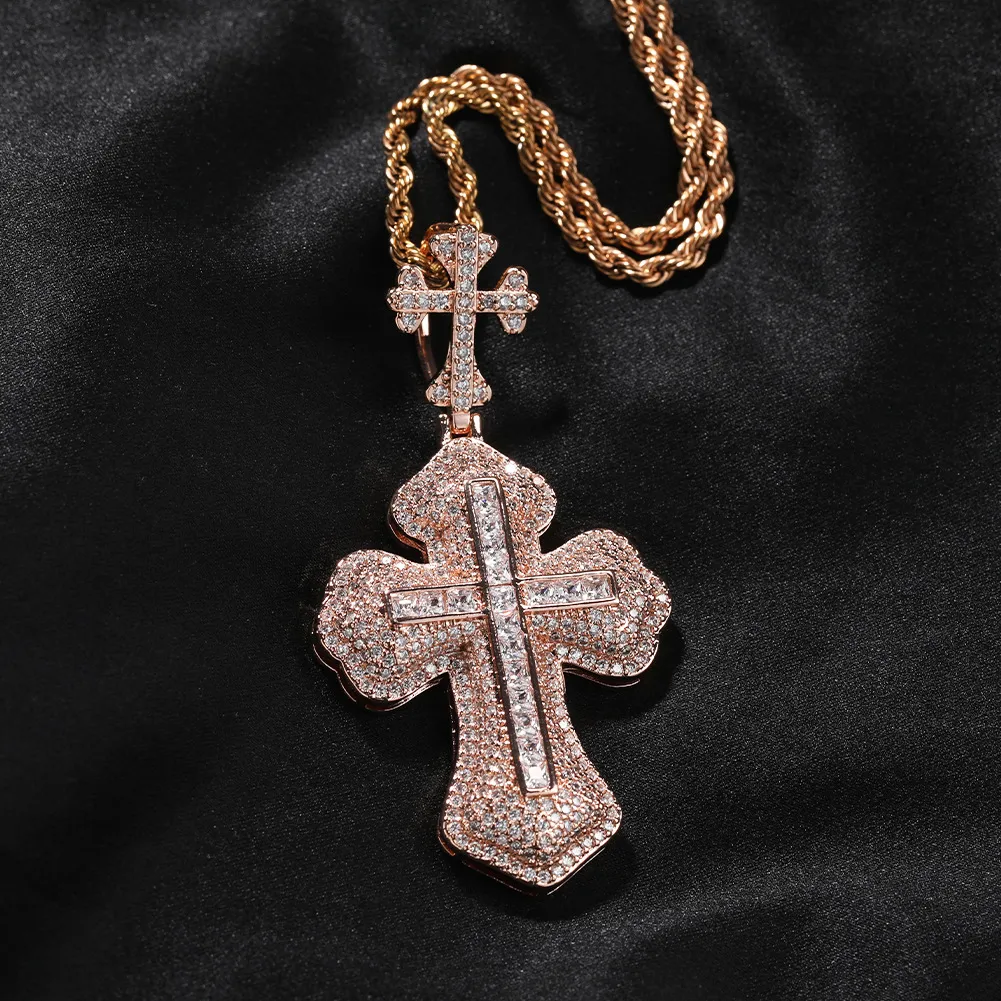 Hip Hop Fashion Charm TopBling 5A Zircon Cross Pendant Necklace 18k Real Gold Plated Women Men Religion Jewelry