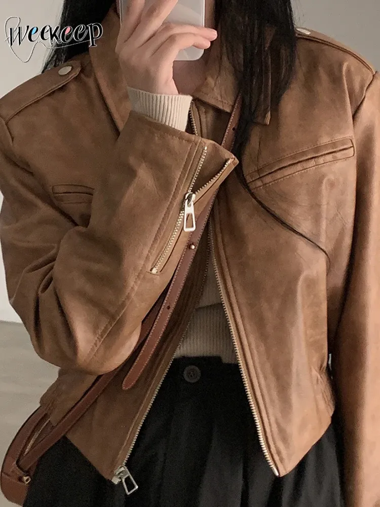 Jackets Weekeek Vintage Brown Leather Jacket Streetwear Zipper Long Sleeve Loose Autumn Winter Outerwears Retro Grunge Ladies Coats y2k