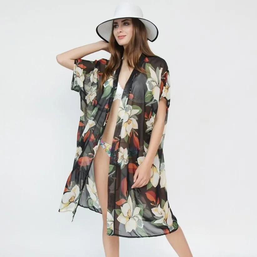 Mode folral tryckt cardigan bikini täcker chiffong sommar strandklänning badkläder kvinnor kaftan tunika sjal baddräkt sarongs241w