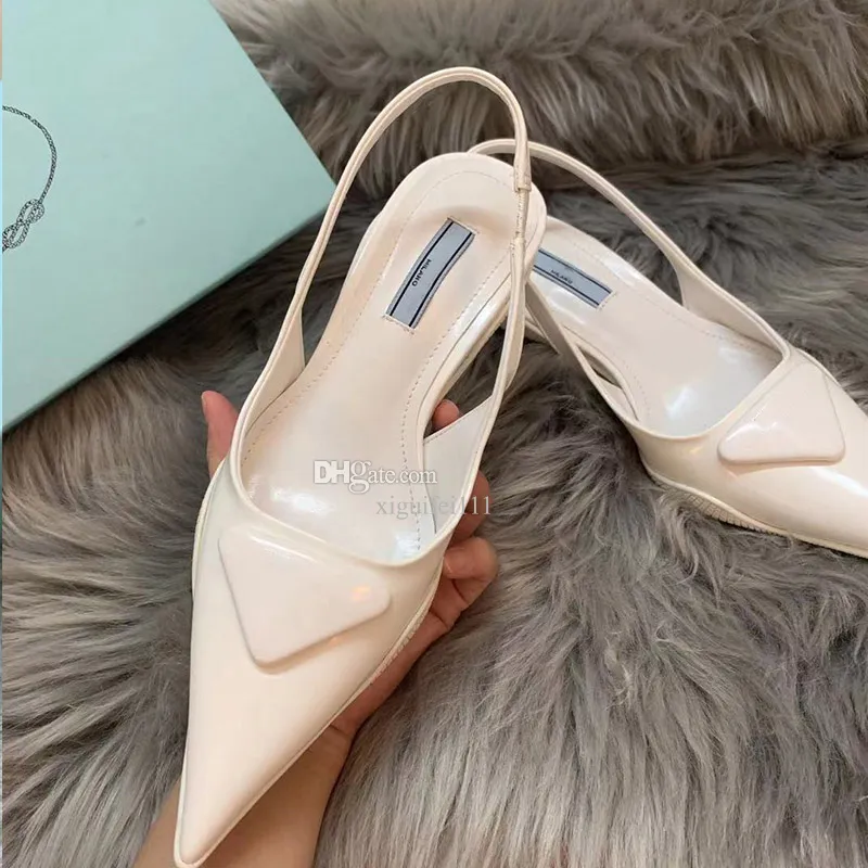 Designer Brushed leather slingback pumps sandal Leather Sandals high heel Slides triangles Women's Slippers Light Blue dress shoes 35-42