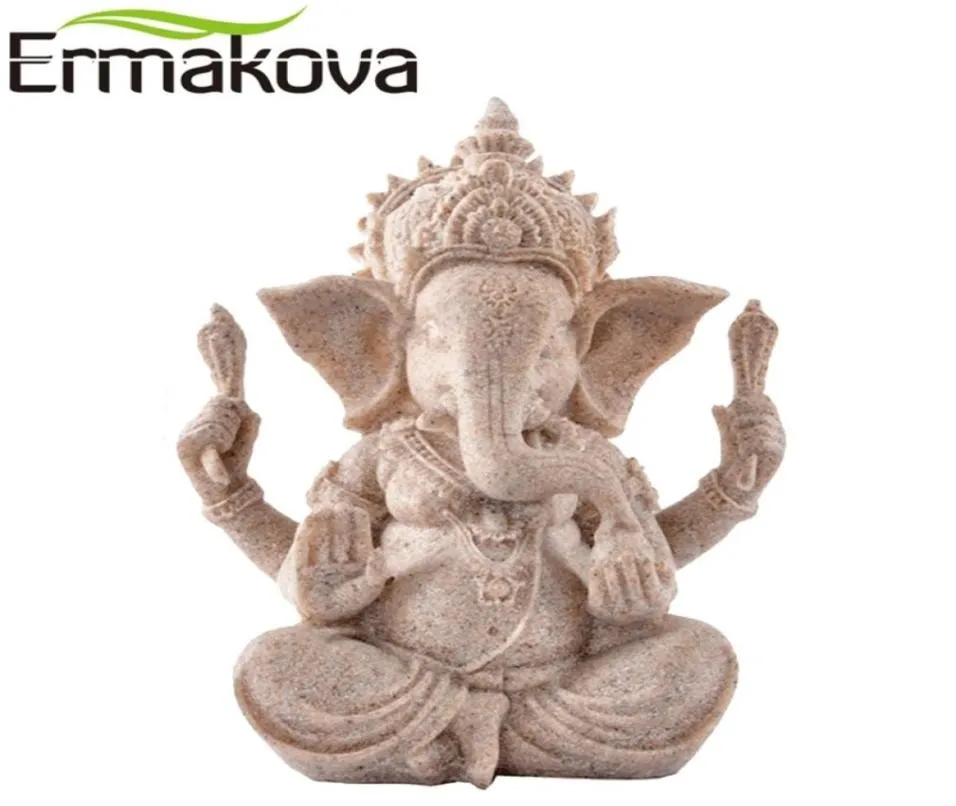 Ermakova 13CM35Quottall Indian Ganesha Statue Fengshui Sculpture Natural Sandstone Craft Figur Hem Desk Decoration Gift Y8832517