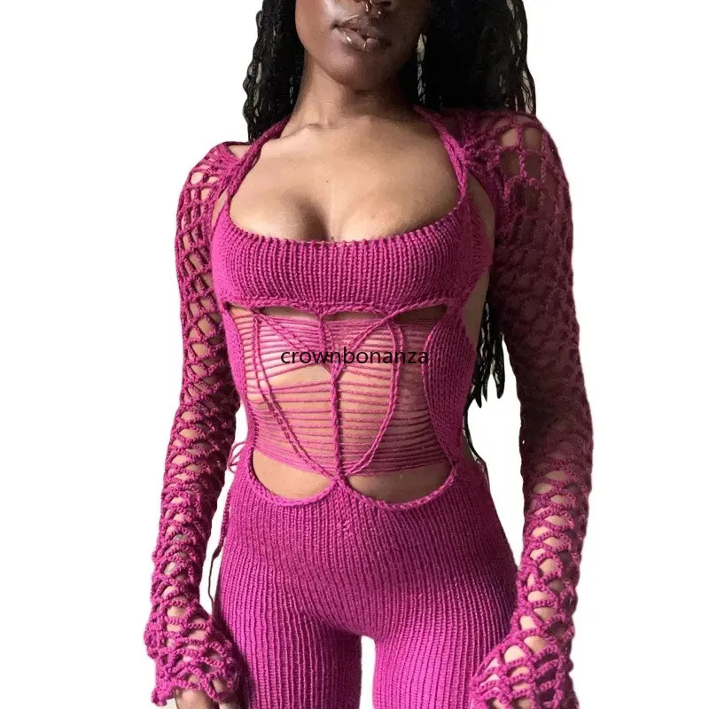 Designer gestrickte Overalls sexy Hollow -out -Jumpsuit