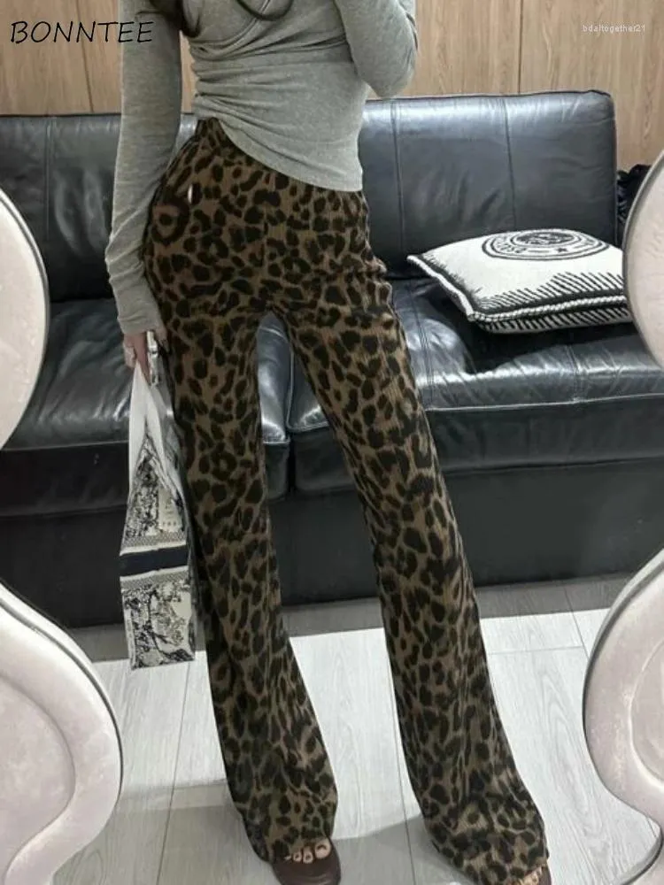 Kvinnors byxor leopard kvinnor mode sexig high street elastic midja flickor vårkläder all-match bekväm avslappnad design chic