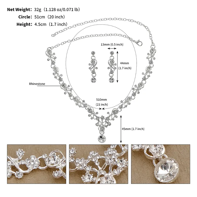 Spring Wedding Party Accessories Set Earring Necklace Sets Crystal Rhinestone Bridal Jewelry 2024