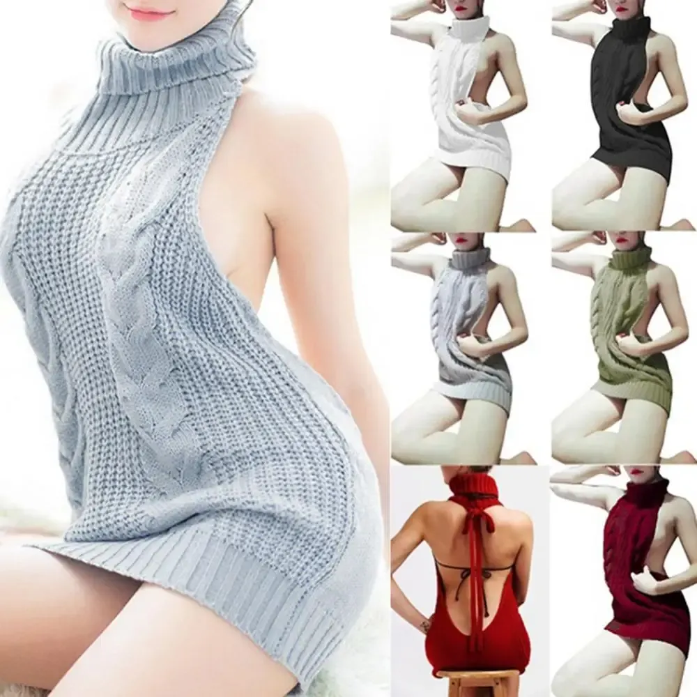 Pullovers Sexy Women's Sweater Fashion Backless Sleeveless Turtleneck Pullover Knit Sweater Virgin Killer Cosplay Dress Female Jumper