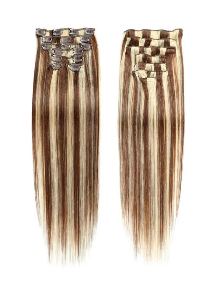 Brasilianskt människoklipp i hårförlängningar 1424 tum 4613 Piano Color Straight Clip on Hair Products dubbel wefts 46138924941